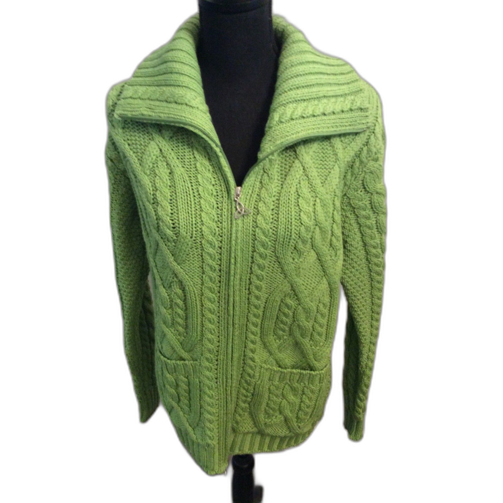 100% Ireland Merino Wool Full Zip Sweater Aran Crafts Small Chunky Thick EUC